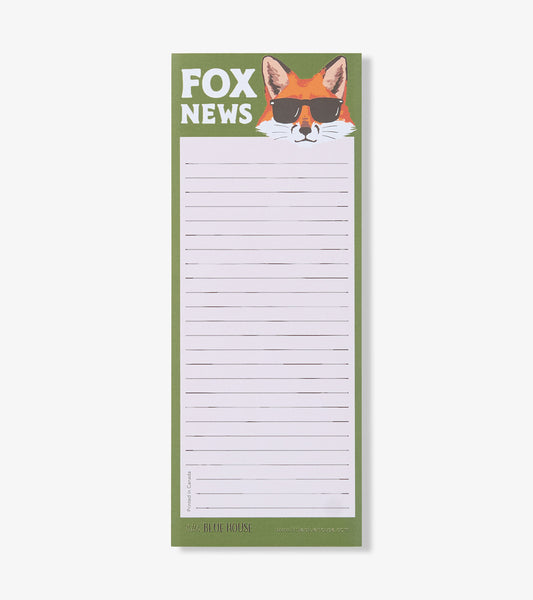 Green magnetic notepad with lined white writing area and fox wearing sunglasses at top