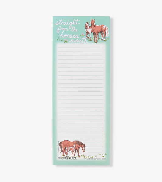 Mint green lined magnetic notepad with horse illustrations and pink script text at top and bottom