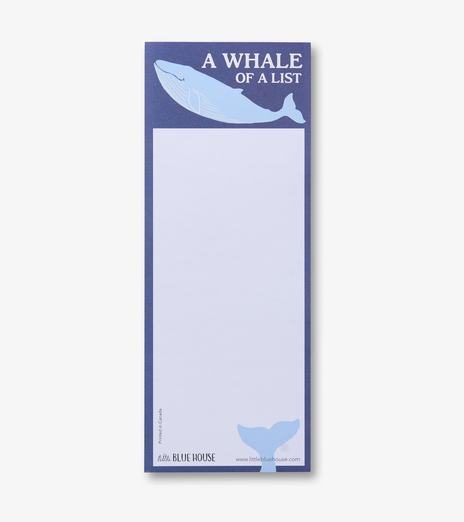 Blue magnetic notepad with whale illustration and lined memo space on white background