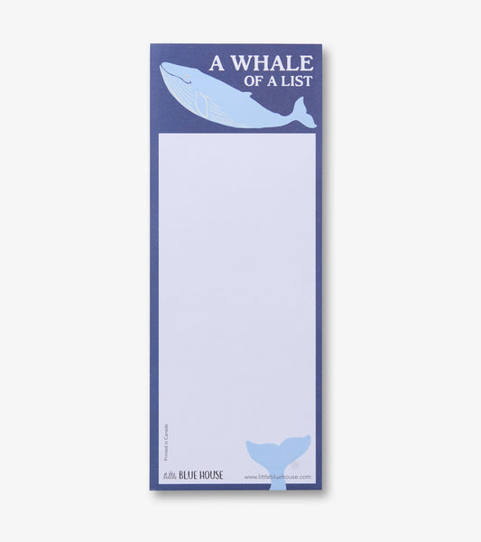 Blue magnetic notepad with whale illustration and lined memo space on white background