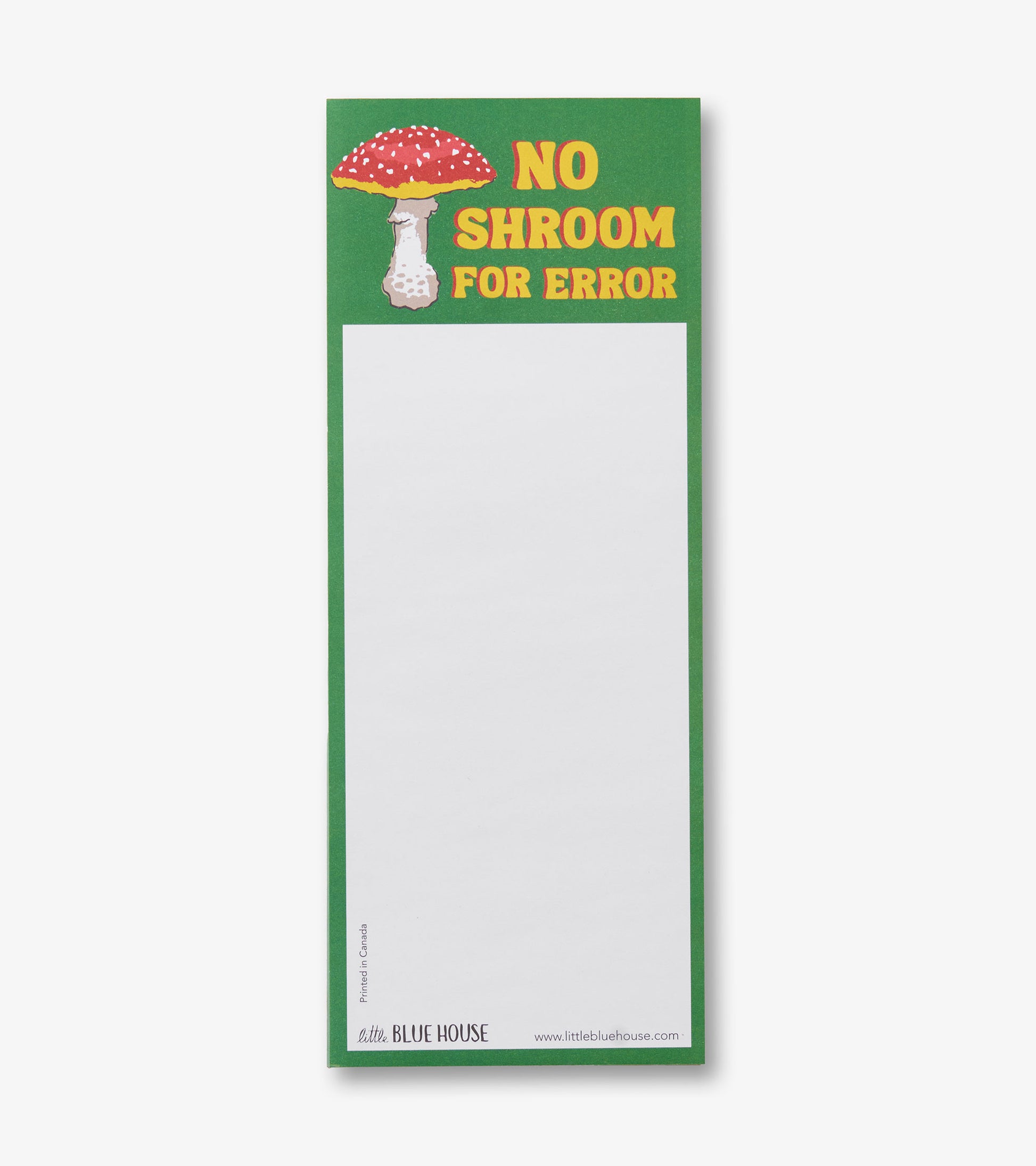 Green magnetic notepad with mushroom graphic and blank white writing area, front view