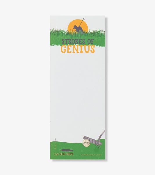 Golf-themed magnetic notepad with white paper, green grass border, and golfer silhouette design