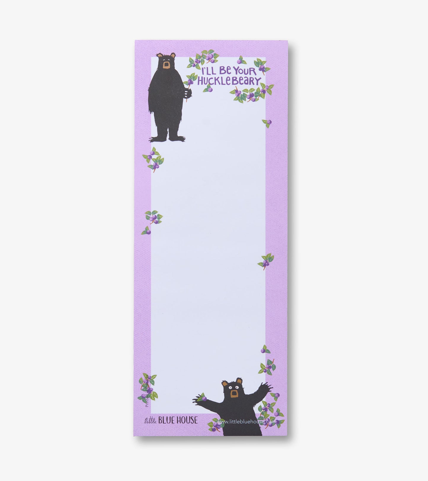 Purple magnetic notepad with bear and huckleberry berry border, blank white writing area