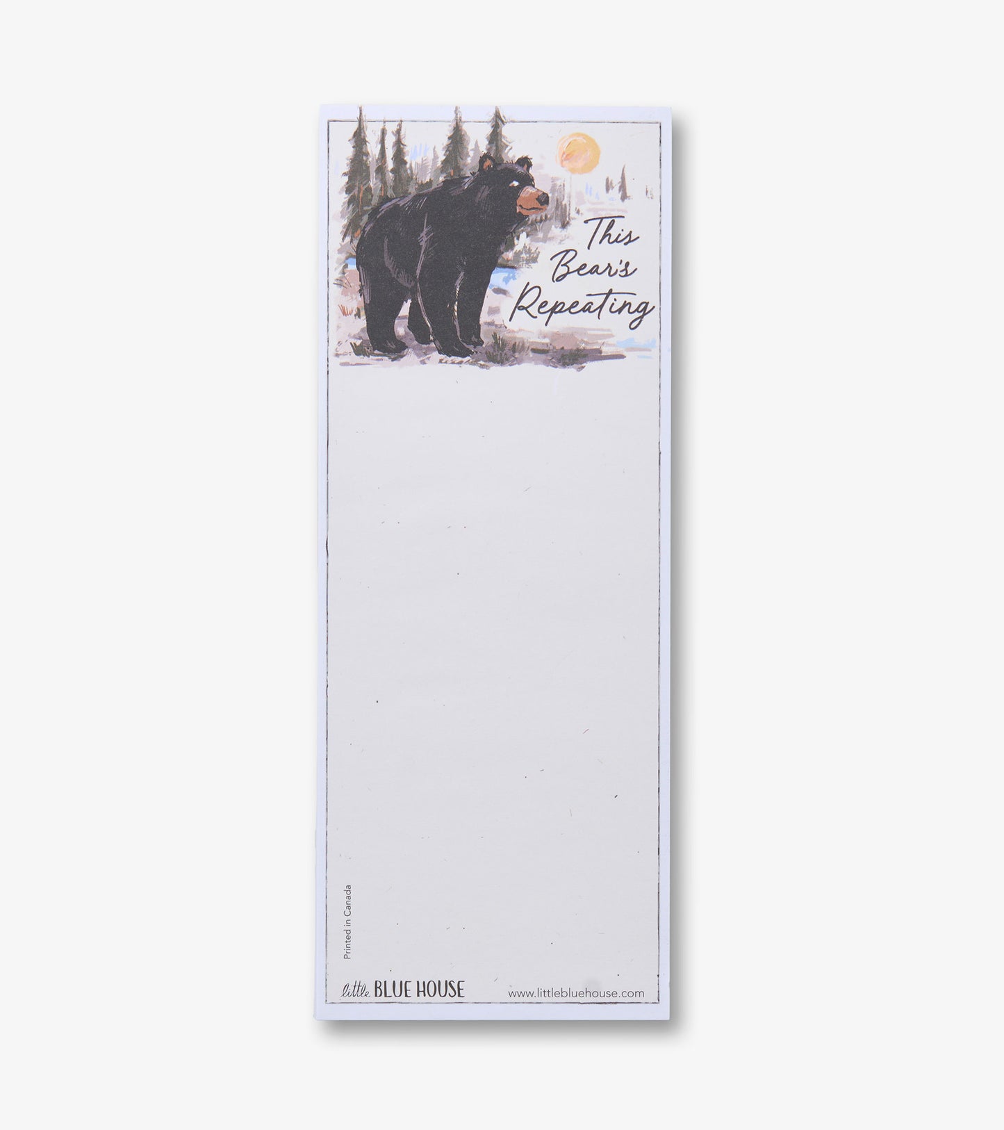 Tall white magnetic notepad with bear and forest illustration at top and blank lined writing area below