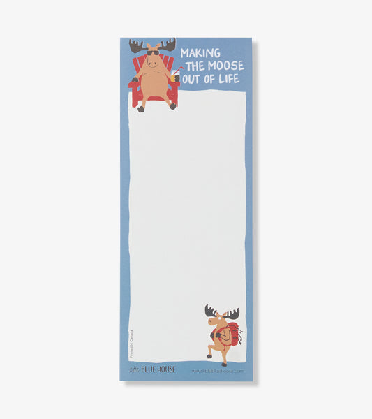 Blue magnetic notepad with moose illustrations and blank white writing area