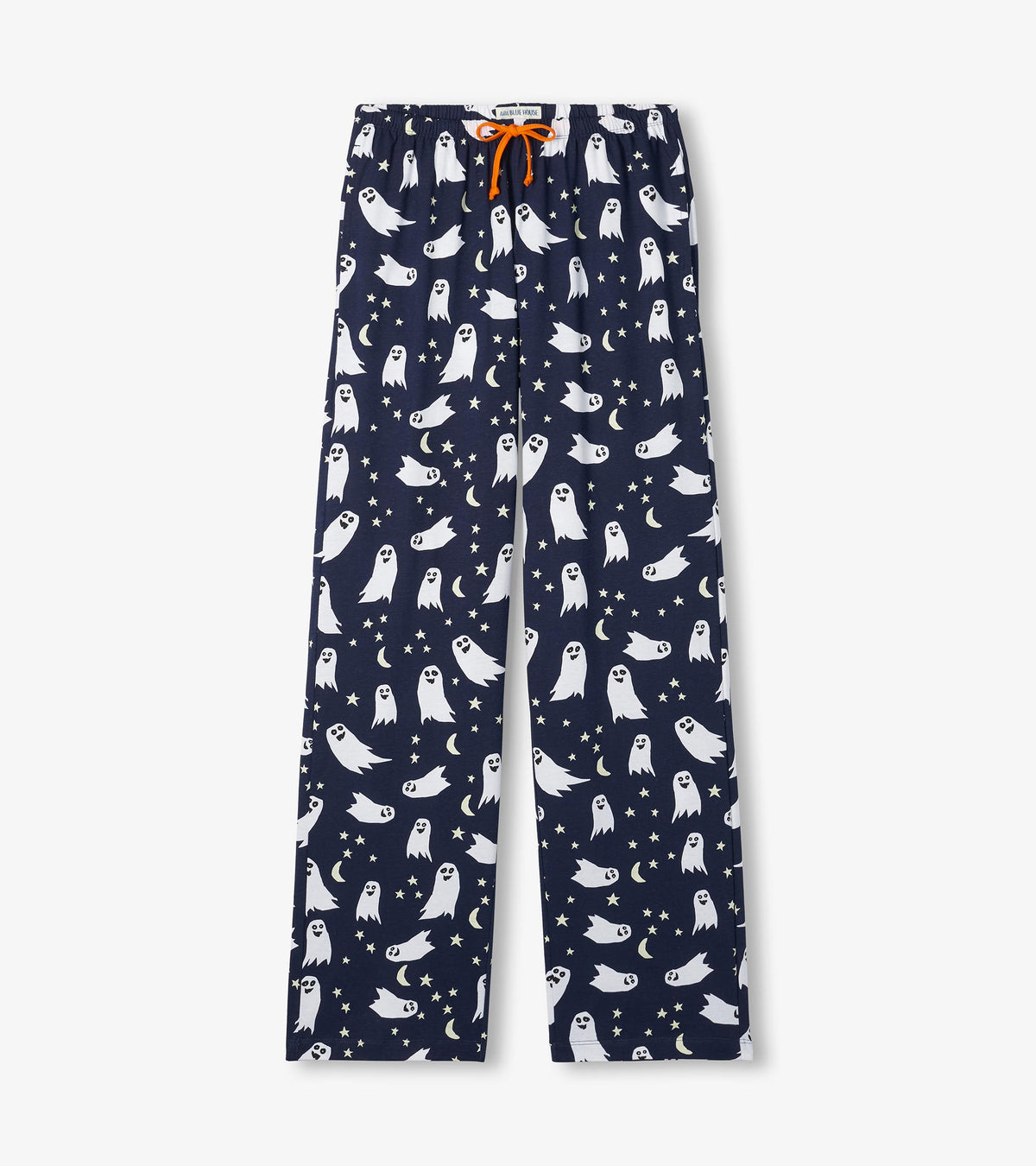 Front view of navy pajama pants with white ghosts, stars, crescent moons and orange drawstring