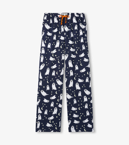 Front view of navy pajama pants with white ghosts, stars, crescent moons and orange drawstring