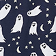 White ghost illustrations with stars, moons, and bats on a dark background