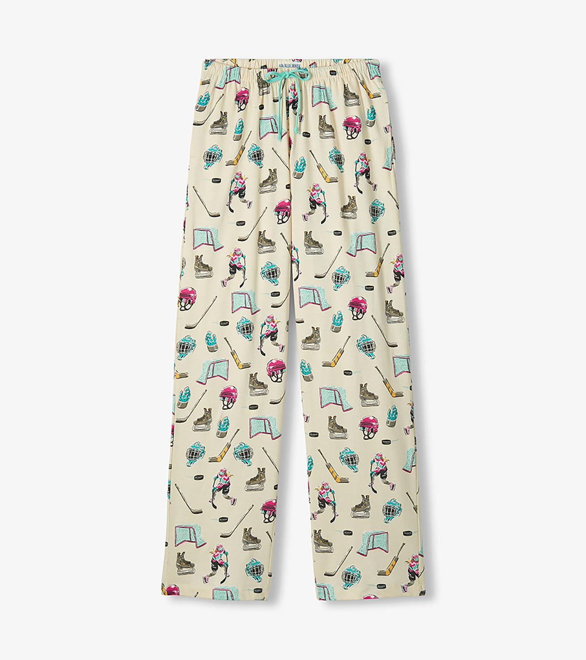 Women's hockey print pajama pants laid flat with aqua drawstring and cream background