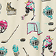 Pattern of colorful roller skates, helmets, and knee pads on a beige background