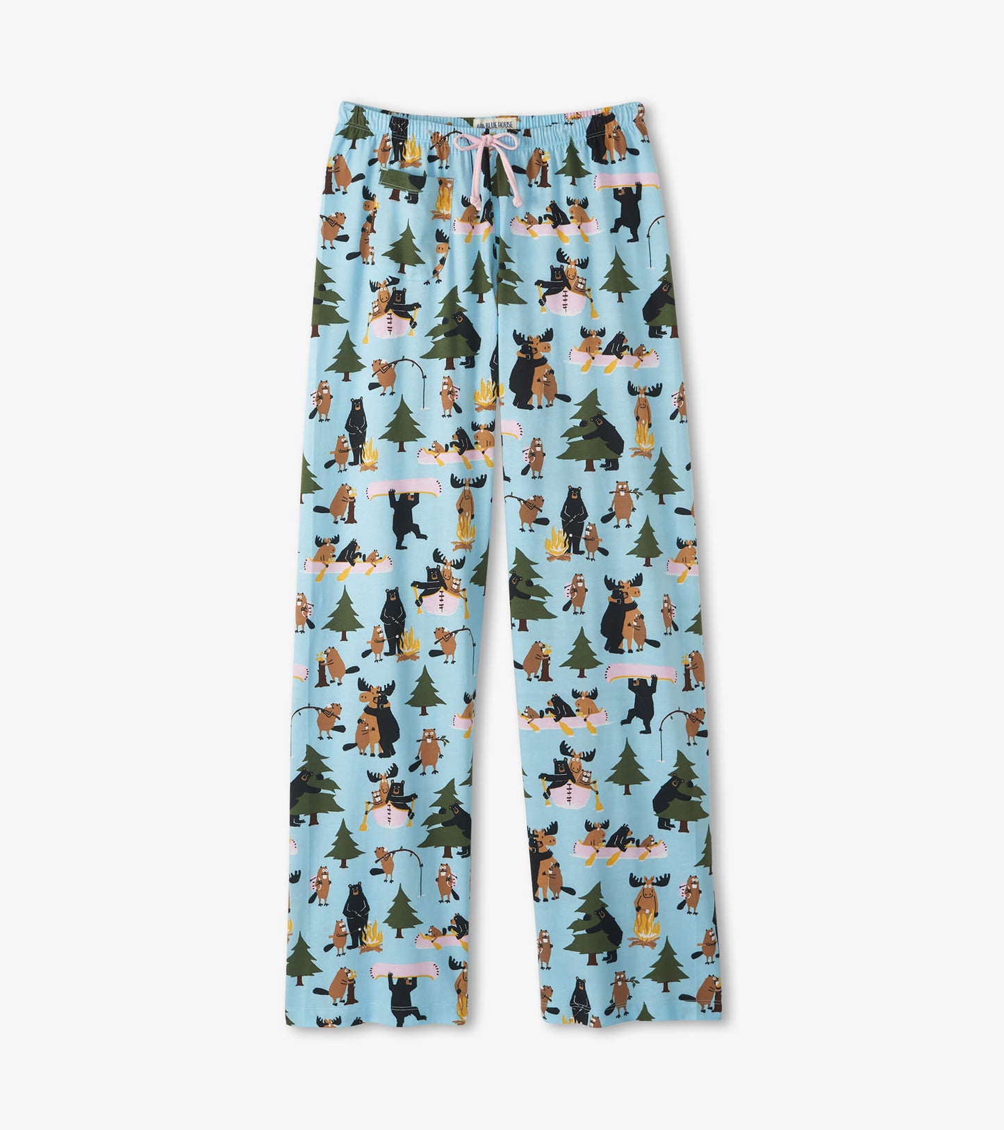 Light blue pajama pants laid flat with pink drawstring and woodland animal, tree and campfire print