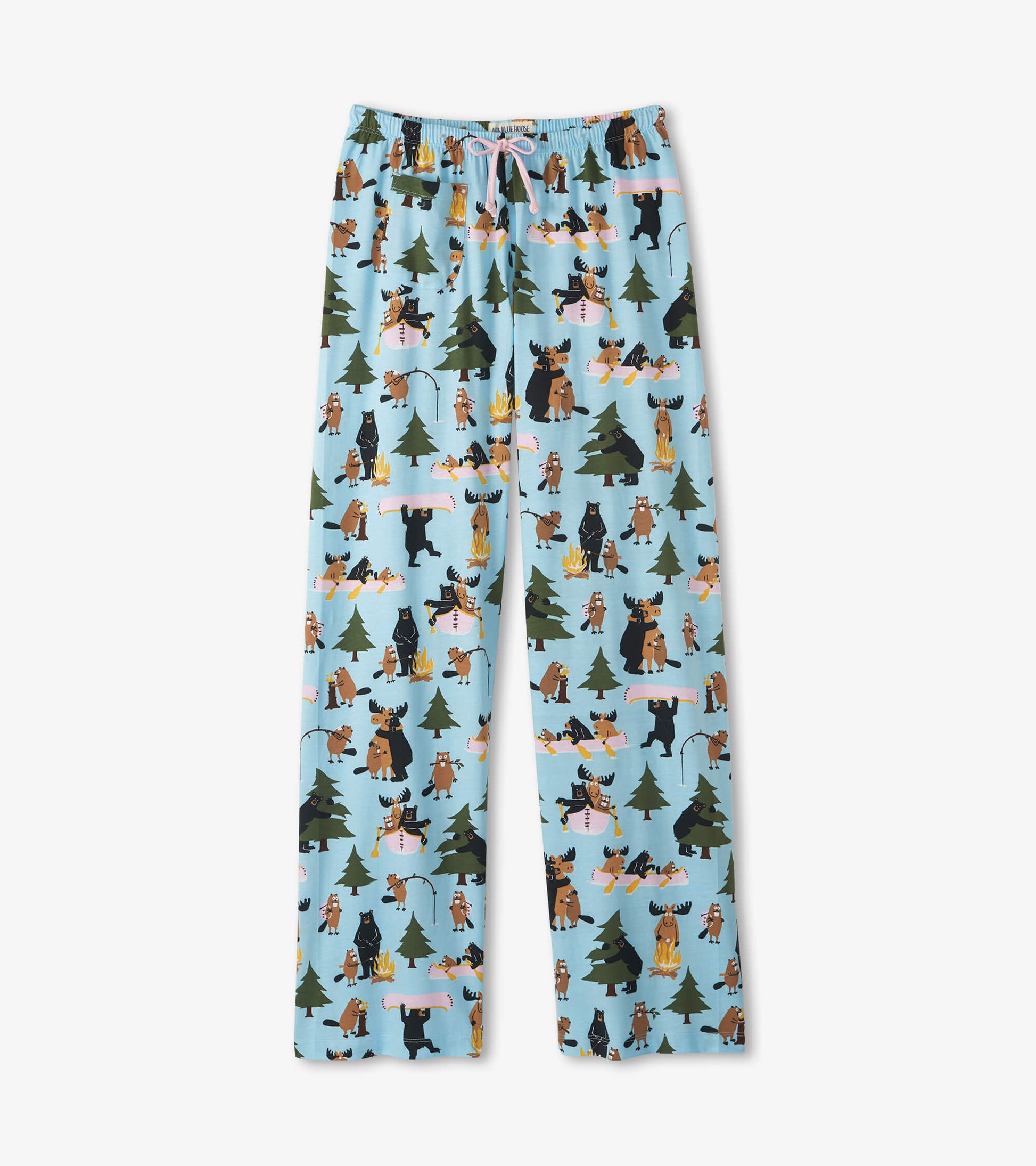 Light blue pajama pants laid flat with pink drawstring and woodland animal, tree and campfire print