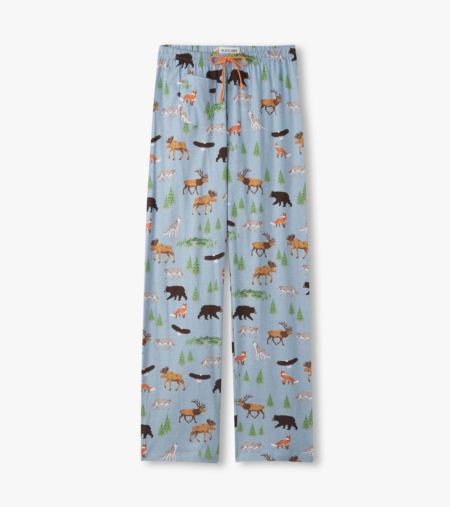 Light blue cotton pajama pants with woodland animal and pine tree print, orange drawstring, front view