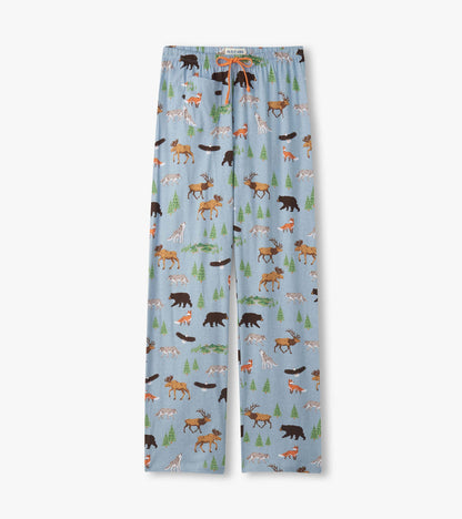 Light blue cotton pajama pants with woodland animal and pine tree print, orange drawstring, front view