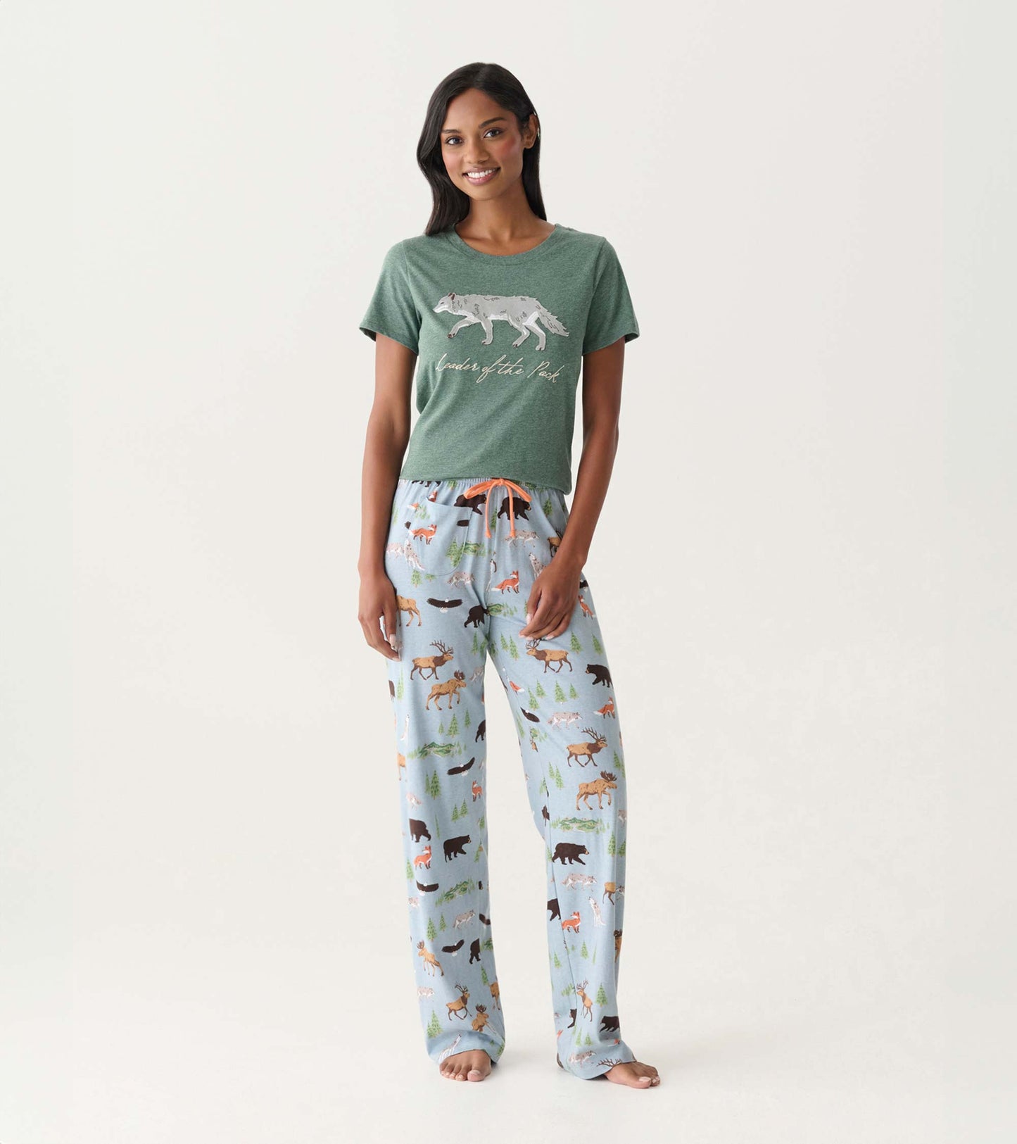 Women’s light blue pajama pants with woodland animal print, straight leg, and orange drawstring waistband, front view
