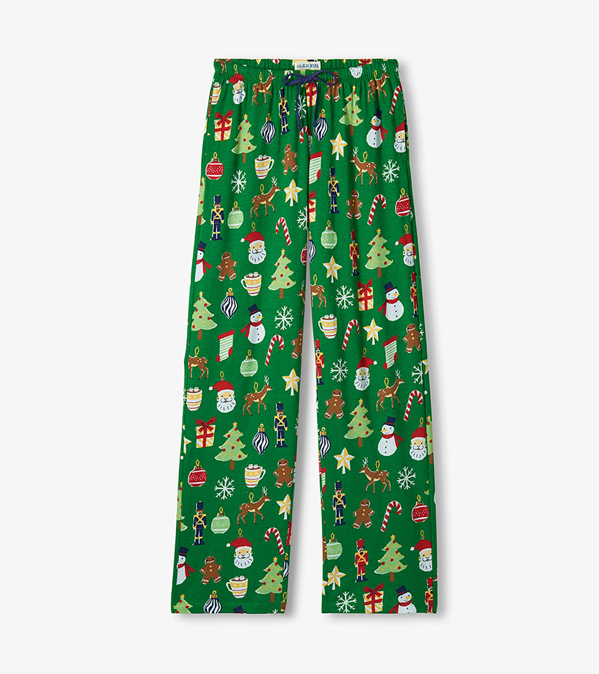 Women's green Christmas pajama pants with drawstring waist and allover holiday icon print