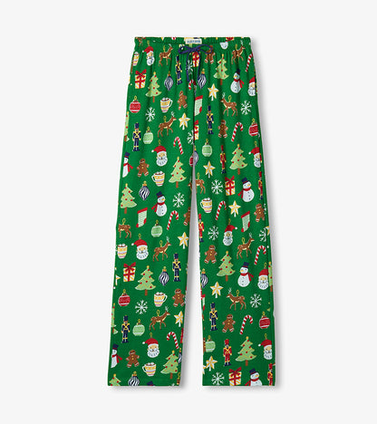 Women's green Christmas pajama pants with drawstring waist and allover holiday icon print