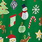 Holiday pattern with stockings, candy canes, ornaments, snowflakes, and a snowman on a green background