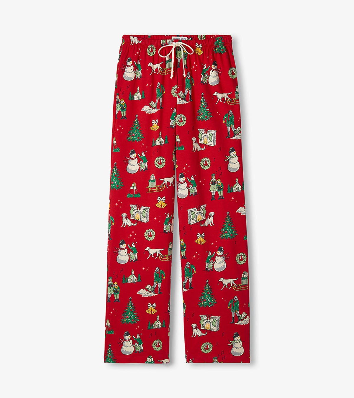 Red Christmas pajama pants laid flat with drawstring waist and vintage print of trees, snowmen and dogs