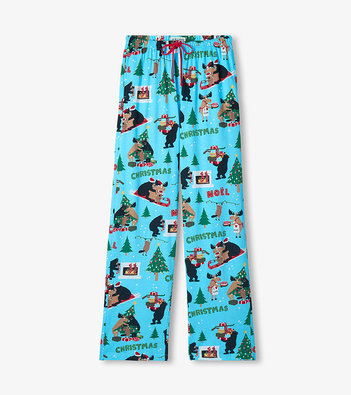 Women's light blue pajama pants with bears, moose, trees, and Christmas wording, shown flat