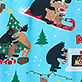 Cartoon winter scene with a Santa hat, decorated Christmas tree, and a black bear on a blue background