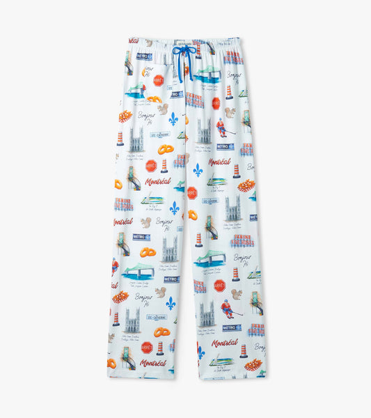 Women's pajama pants with blue drawstring and Montreal print featuring landmarks, metro signs, hockey players and pretzels