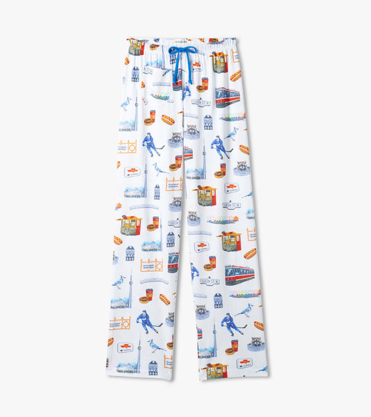 Women's white pajama pants with blue drawstring and Toronto-themed print featuring streetcars, CN Tower and signs