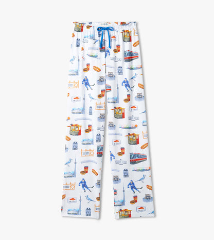 Women's Toronto pajama pants laid flat, white with blue drawstring and multicolor city-themed print