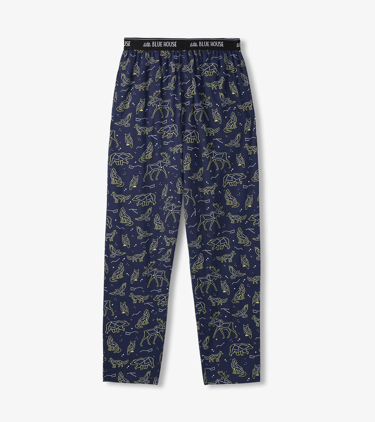 Navy pajama pants laid flat with animal constellation print and black Little Blue House waistband