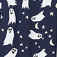 White ghosts, moons, stars, and bats on a dark blue background