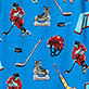Blue patterned design with skiers, ski boots, skis, goggles, and red helmets