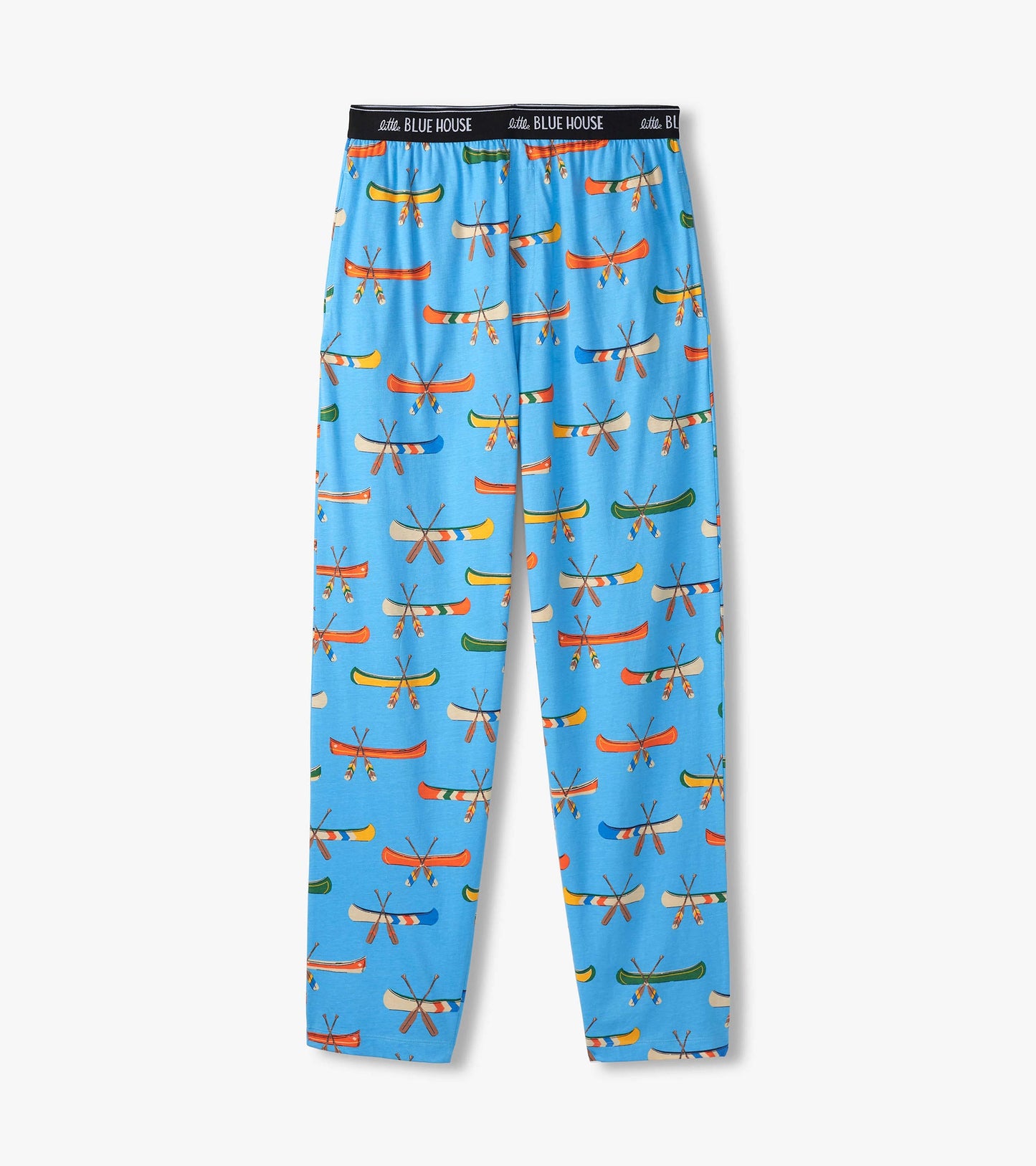 Men's blue pajama pants laid flat with colorful canoe and crossed paddle print and black logo waistband