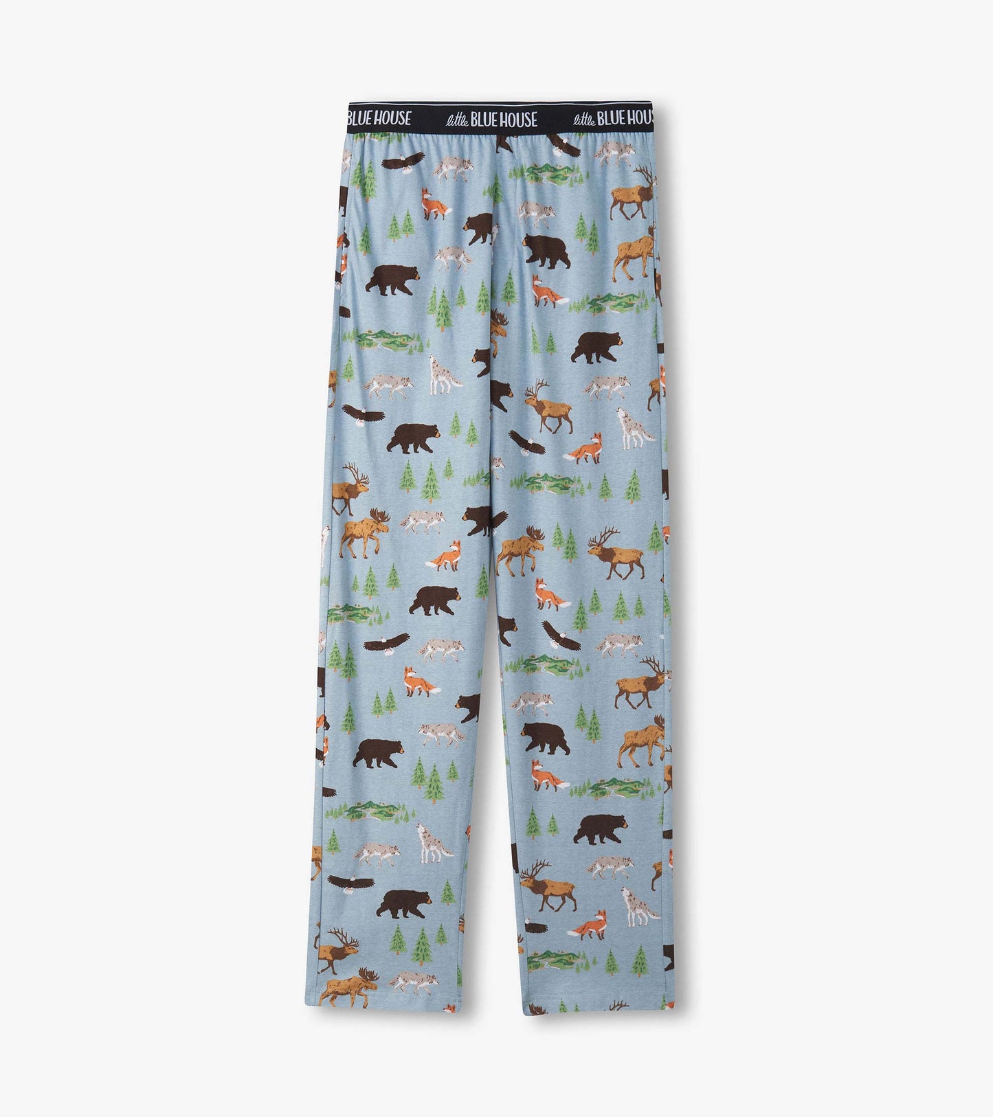 Flat front view of light blue pajama pants with woodland animal and tree print and logo waistband