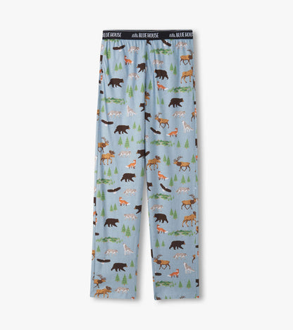 Flat front view of light blue pajama pants with woodland animal and tree print and logo waistband