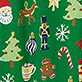 Green holiday pattern with Santa, reindeer, Christmas trees, candy canes, stockings, and coffee cups