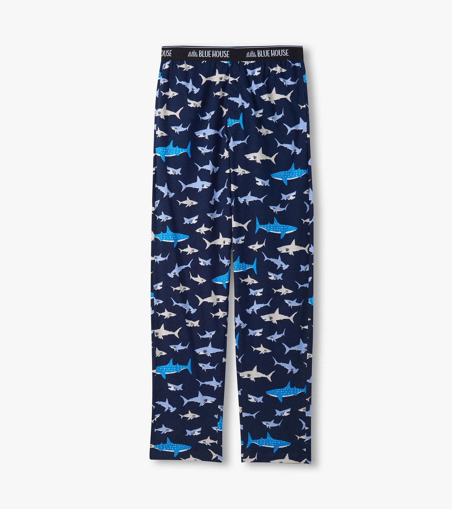 Navy pajama pants with allover shark print and black elastic waistband, front view
