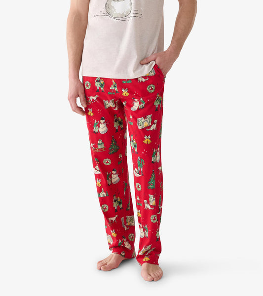 Close-up of red Christmas pajama pants with vintage holiday scenes and side pocket