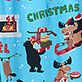 Blue Christmas pattern with Santa, penguin, presents, and colorful letters spelling "CHRISTMAS