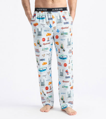 Front view of men's pajama pants with Montreal print and black Little Blue House logo waistband