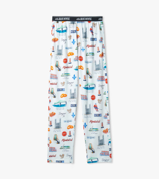 Men's pajama pants with black logo waistband and Montreal print featuring bridges, hockey players, signs, squirrels and landm