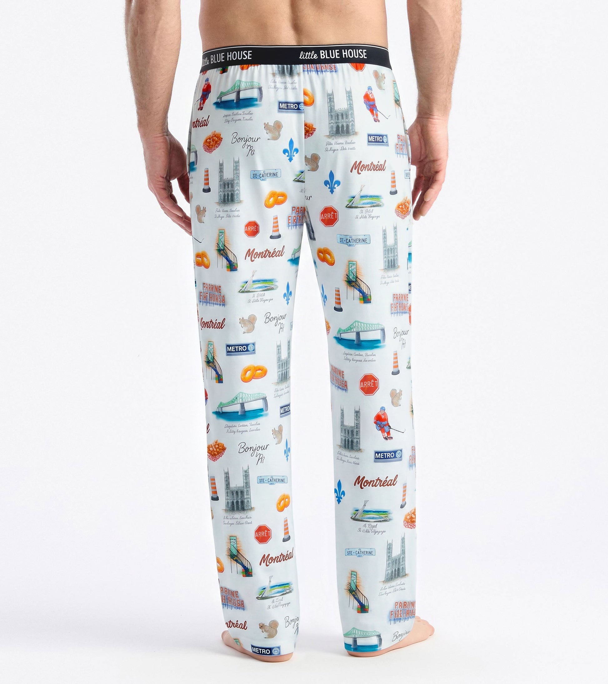 Back view of men's pajama pants with Montreal print and black Little Blue House logo waistband