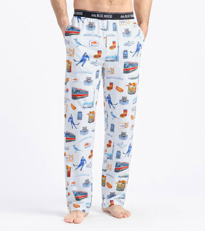 Front view of men's white pajama pants with Toronto print and black Little Blue House waistband