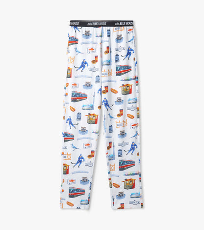 Flat front view of men's white Toronto pajama pants with city landmark print and black logo waistband