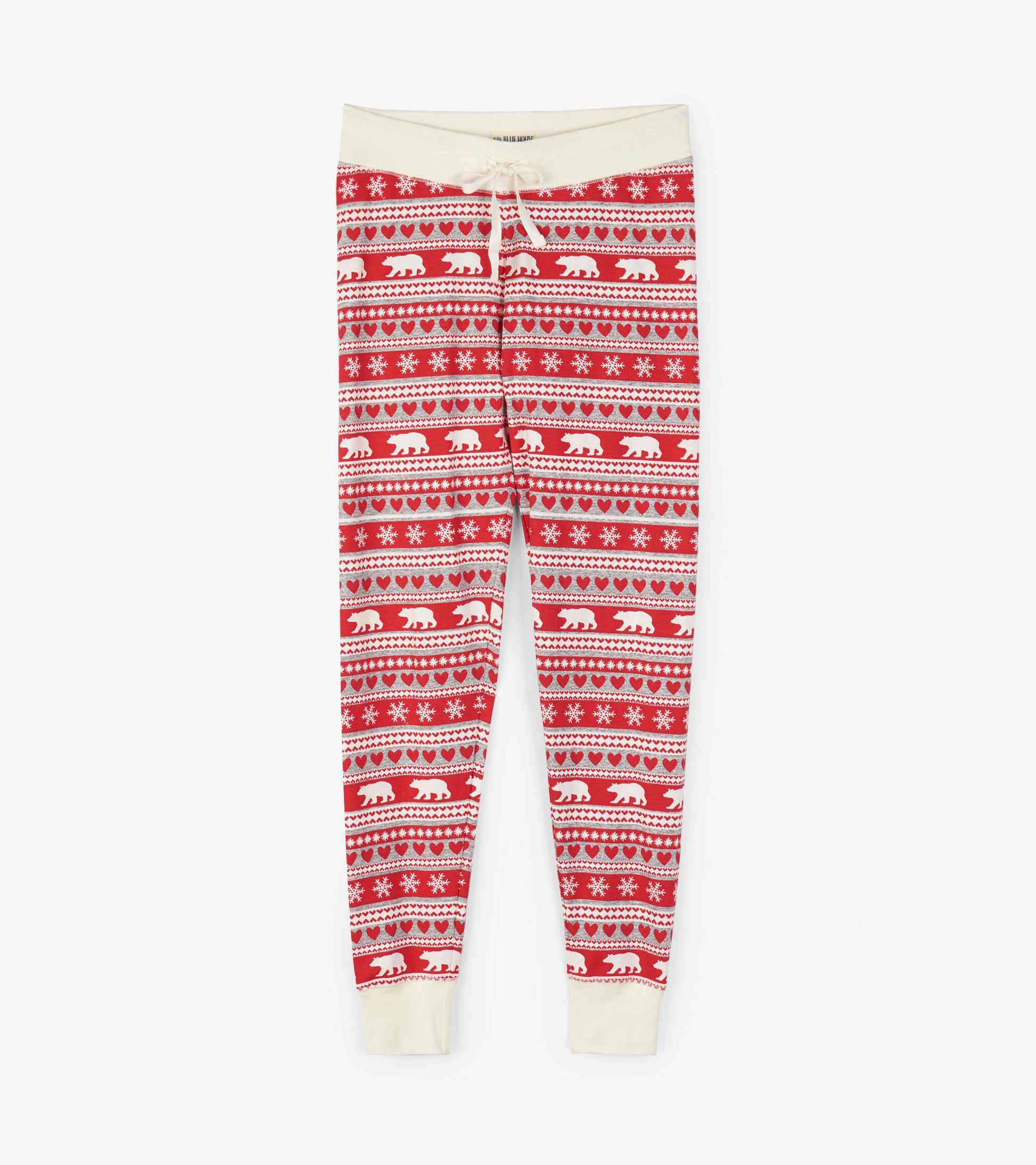 Red sleep leggings featuring a Fair Isle pattern with white bears, hearts, and snowflakes, finished with a cream waistband.