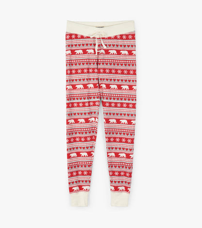 Red sleep leggings featuring a Fair Isle pattern with white bears, hearts, and snowflakes, finished with a cream waistband.