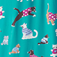 Teal background with cats climbing branches, hanging from polka-dot umbrellas, and scattered leaves