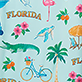 Light blue pattern with flamingos, palm trees, bicycles, flowers, parrots, butterflies, and the word "FLORIDA