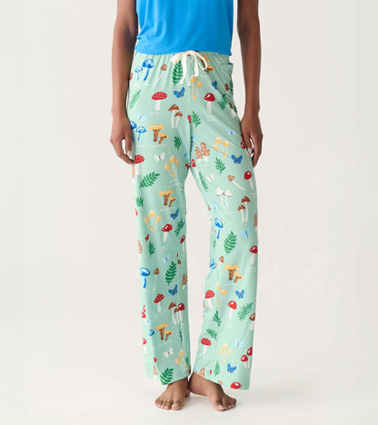 Mint green pajama pants with mushroom and leaf print, drawstring waist, straight leg, front view