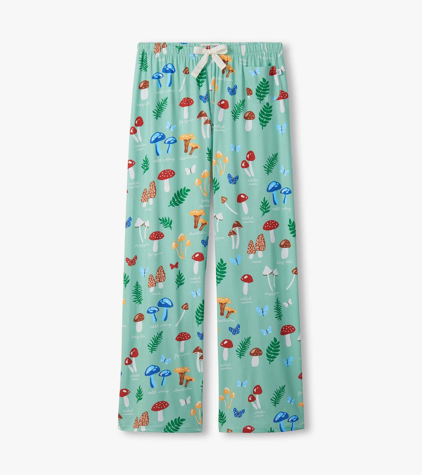 Mint green pajama pants with mushroom, fern, and butterfly print, elastic waist, and drawstring.