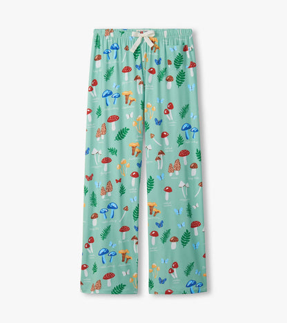 Mint green pajama pants with mushroom, fern, and butterfly print, elastic waist, and drawstring.